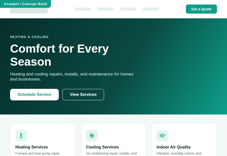 Concept preview of a generic HVAC company website