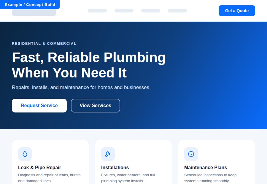 Concept preview of a generic plumbing company website