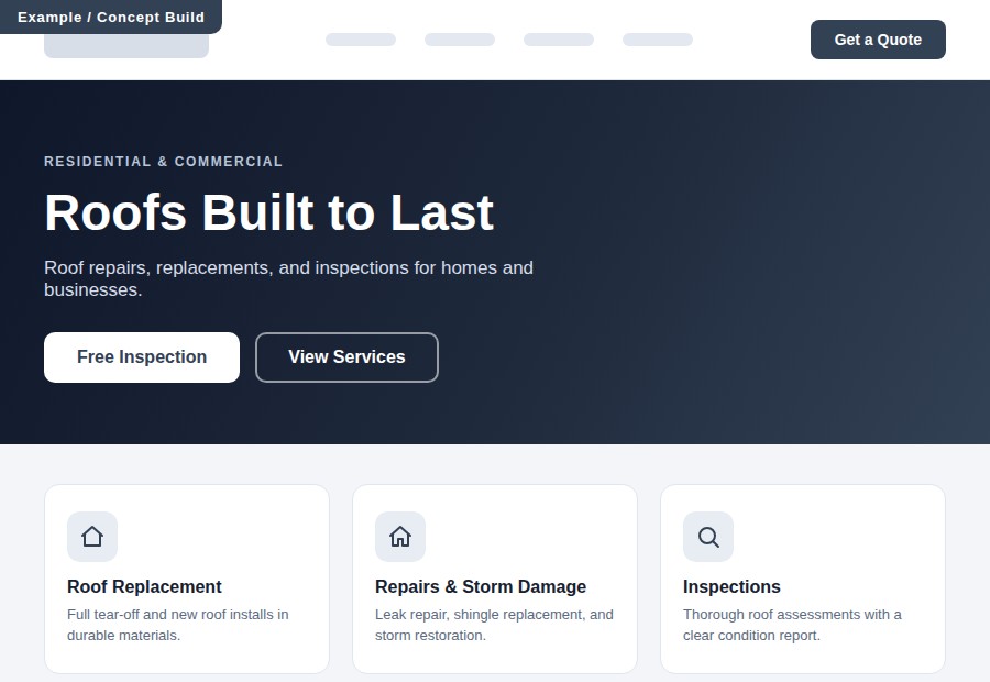 Concept preview of a generic roofing company website