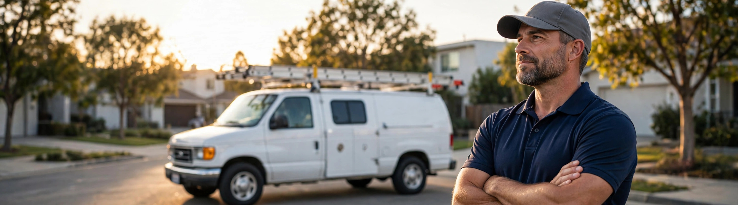Home-service technician in a navy polo and cap standing in front of a white work van